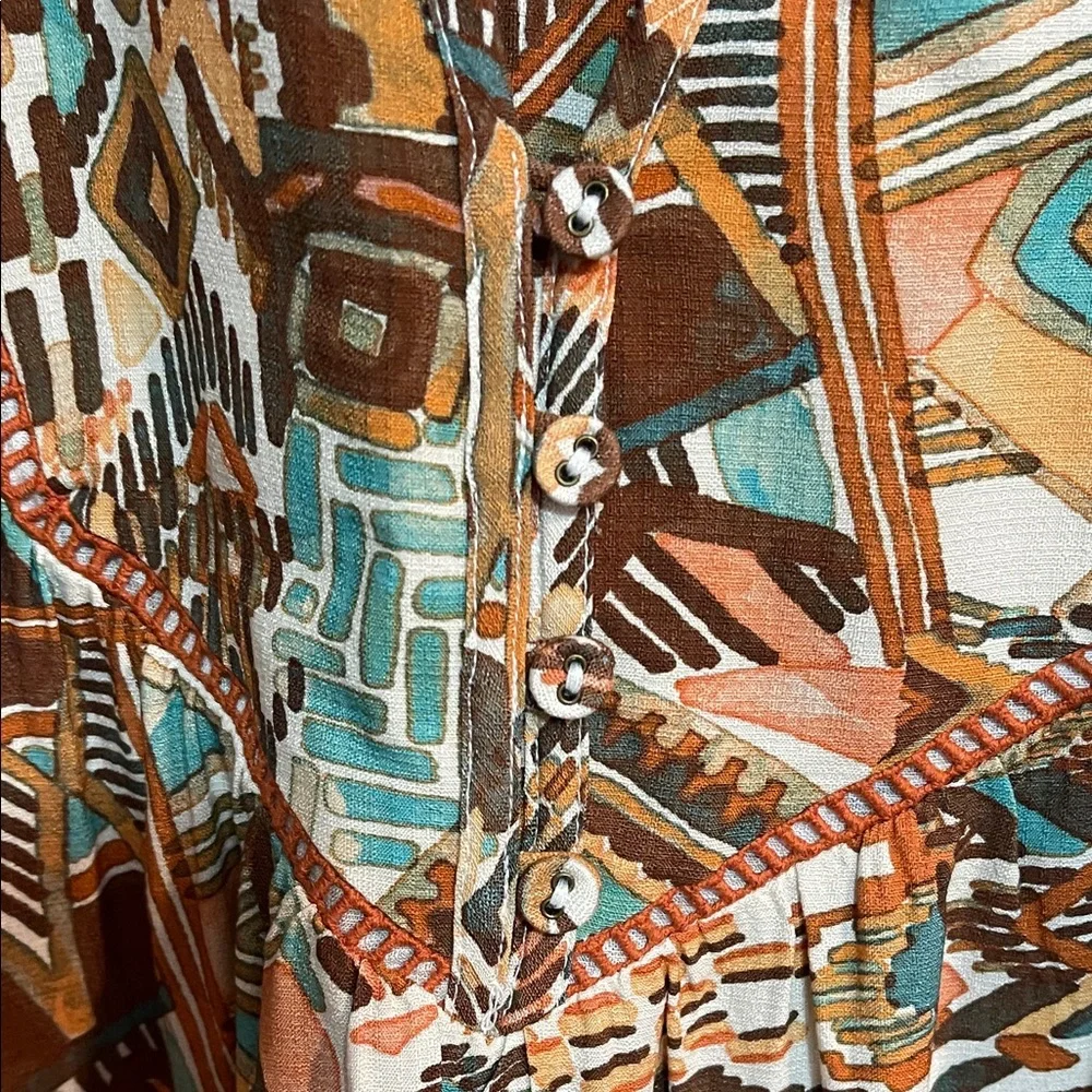 Nurture Turquoise & Brown Patterned Tie-Neck Women’s Dress SZ PL - Picture 7 of 8